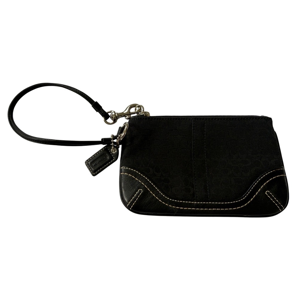 Coach Signature Jacquard Leather Wristlet Black Monogram Pouch Bag